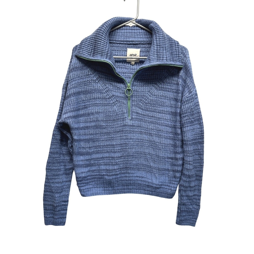 Aerie Blue Half Zip Waffle Knit Sweater‎ XS — Cozy Chunky Collared Pullover